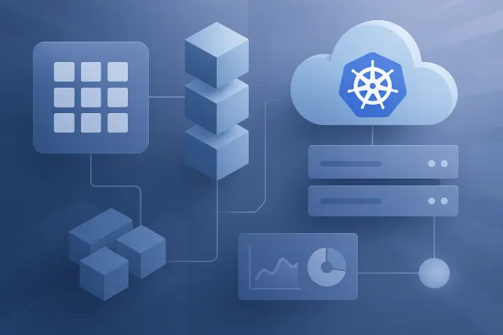 Arquitectura cloud-native con Kubernetes mostrando contenedores, clúster autoescalable, monitorización y despliegue de aplicaciones en una plataforma PaaS gestionada.